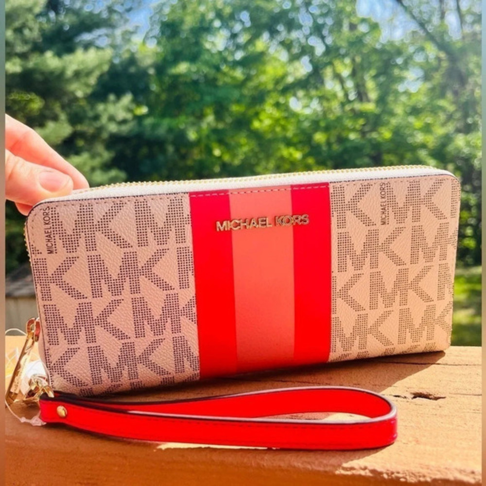 Michael Kors Signature Stripe Large Zip Phone Wallet Wristlet MK Logo